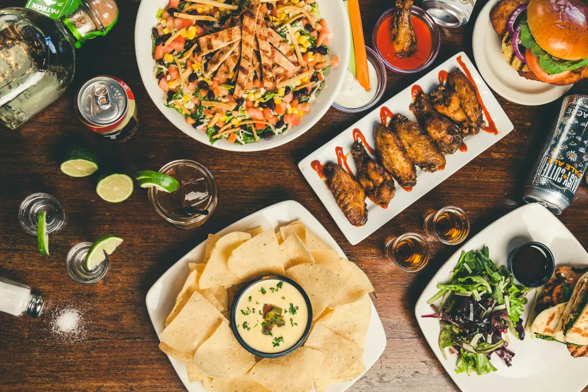 Table laid with restaurant dishes