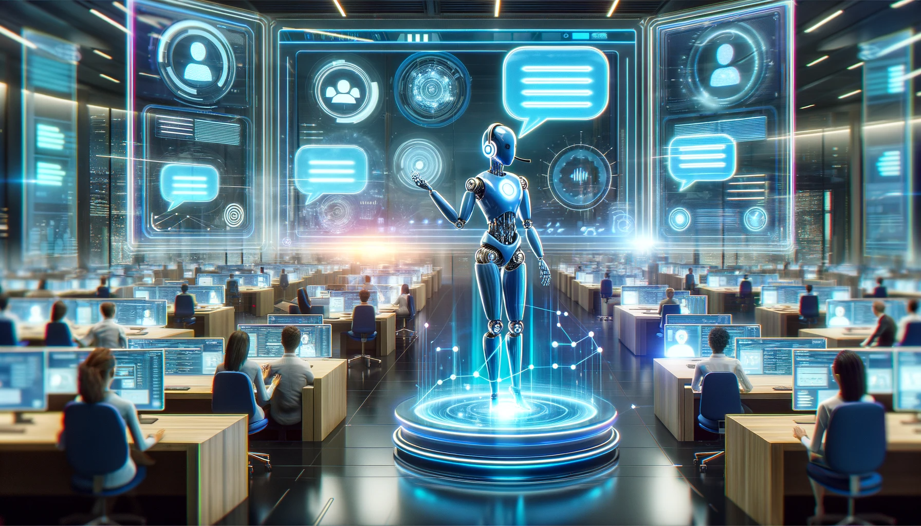 DALL·E-2023-11-28-22.12.28-A-dynamic-and-futuristic-scene-titled-The-Future-of-Customer-Service_-AI-Chatbots-in-Action.-The-image-depicts-a-high-tech-customer-service-center-p