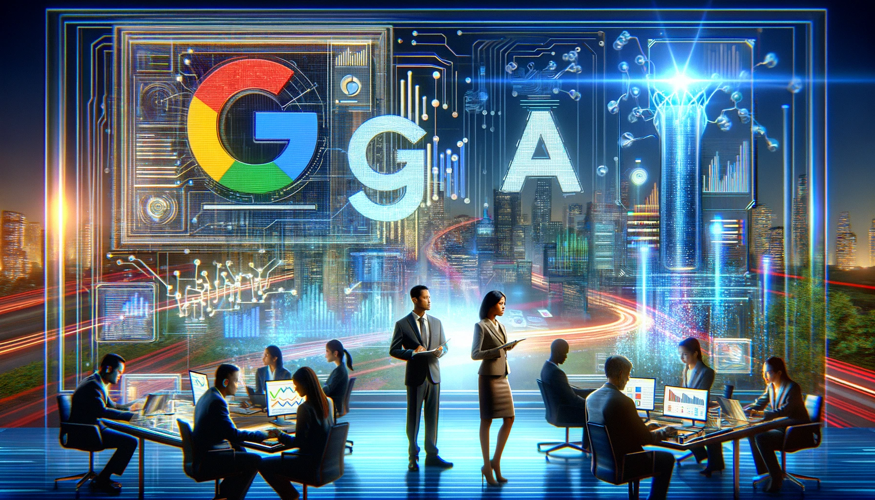 DALL·E-2023-12-05-19.28.02-A-futuristic-digital-marketing-landscape-with-prominent-elements-symbolizing-Googles-AI-such-as-a-large-Google-logo-partially-formed-by-digital-code