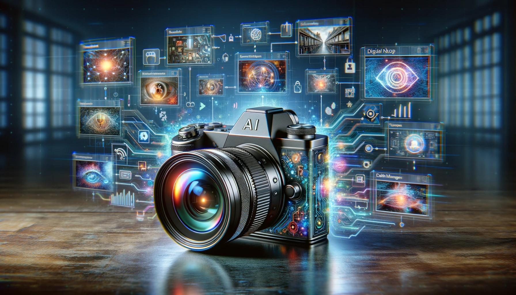 DALL·E-2023-12-05-20.20.30-A-creative-image-depicting-AI-Photography_-Enhancing-Visual-Content-in-Digital-Marketing.-The-scene-shows-a-sleek-modern-camera-with-digital-enhanc