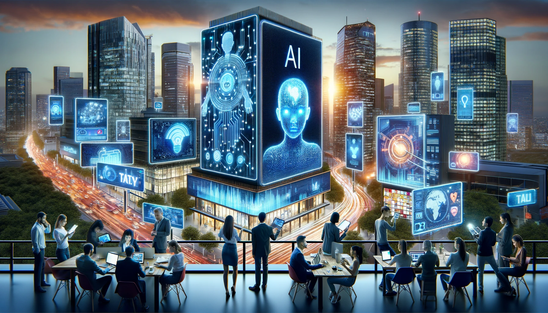 DALL·E-2023-12-05-20.38.04-A-futuristic-cityscape-with-skyscrapers-displaying-digital-billboards-and-holographic-advertisements-showcasing-AI-technology-in-marketing.-Diverse-pr