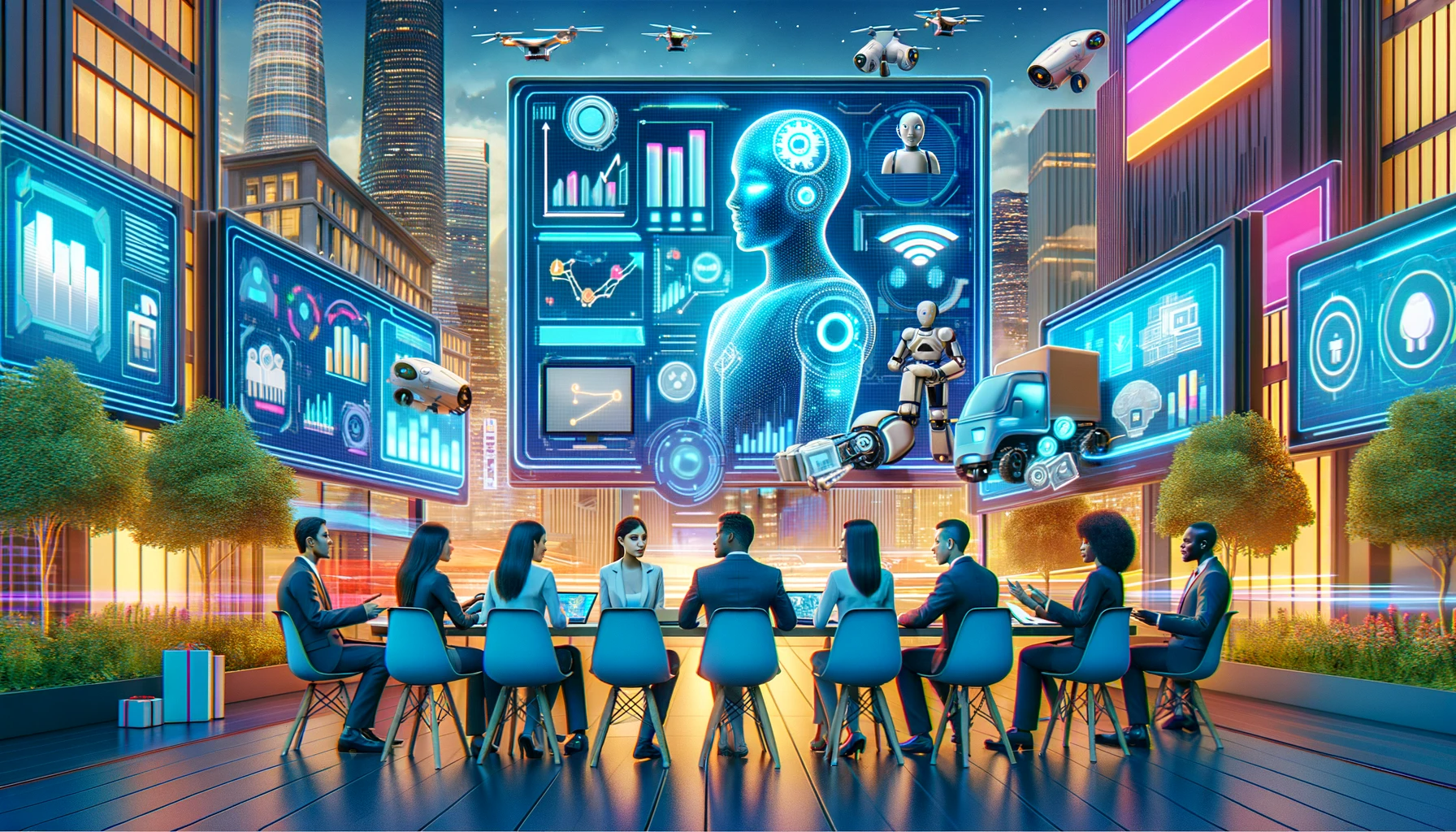 DALL·E-2023-12-05-21.24.58-A-futuristic-cityscape-with-holographic-billboards-displaying-various-aspects-of-AI-in-marketing.-The-scene-includes-a-diverse-group-of-business-profe