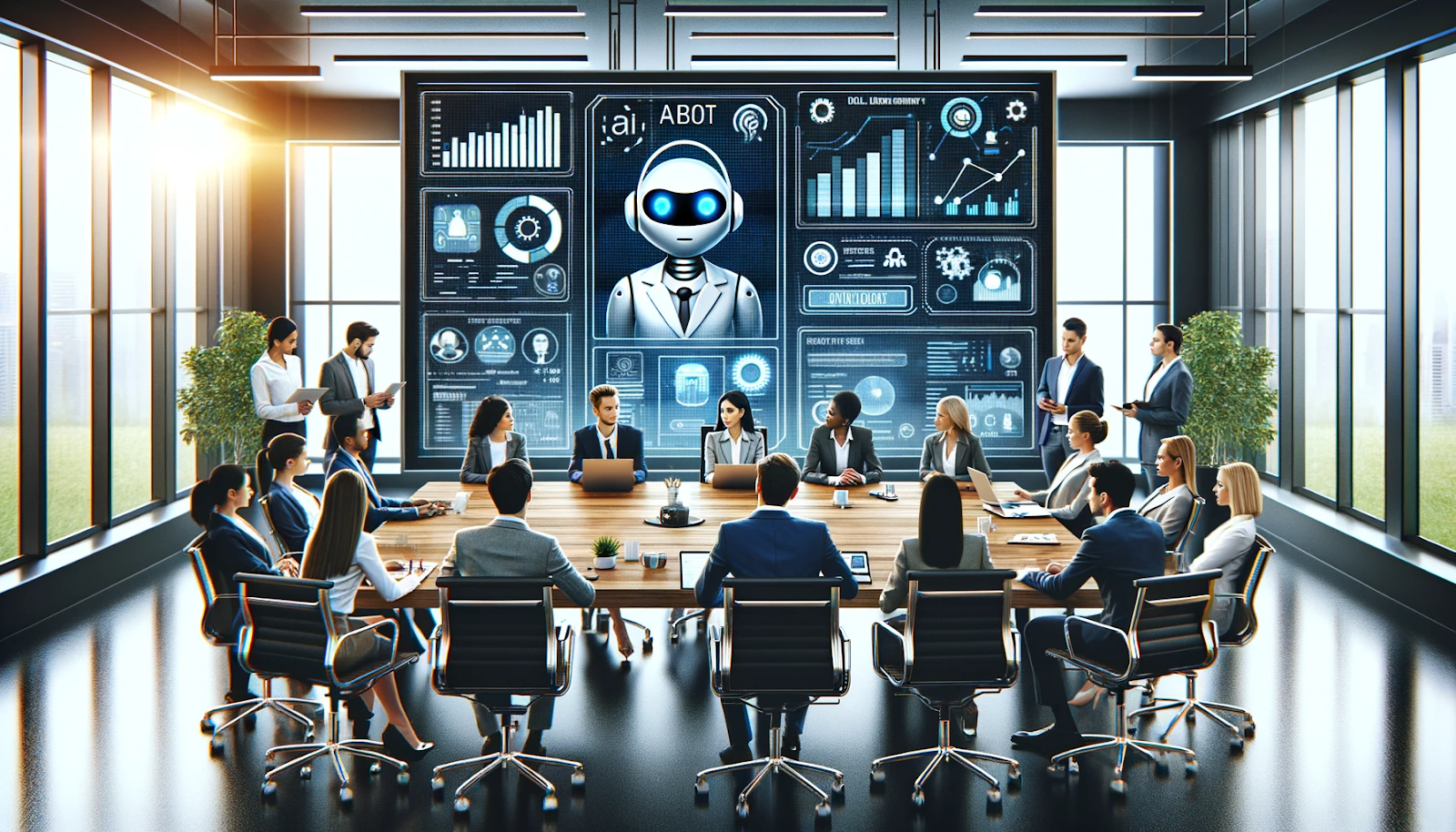 DALL·E 2023-12-05 21.27.40 - A rectangular image depicting a professional business setting focused on digital marketing and chatbot technology. The scene includes a diverse team o