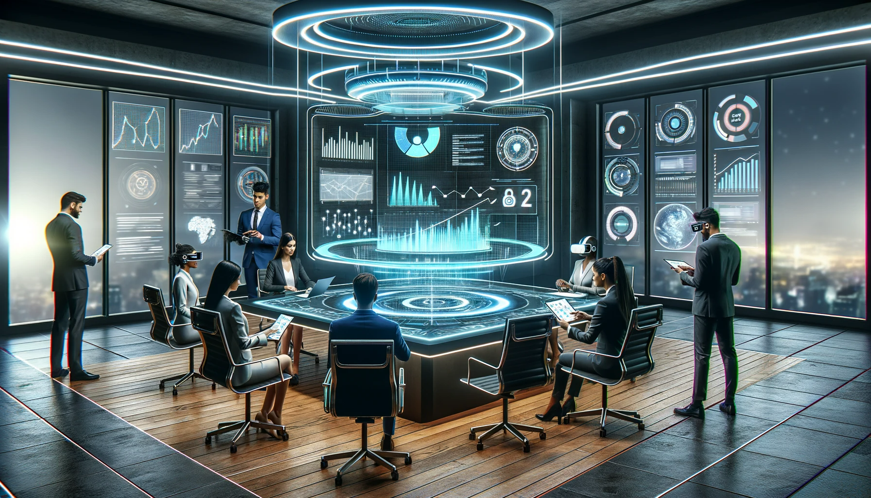 DALL·E-2023-12-07-01.00.34-A-futuristic-conference-room-with-a-large-holographic-display-showing-graphs-and-data-analysis.-In-the-room-there-are-several-diverse-professionals-d
