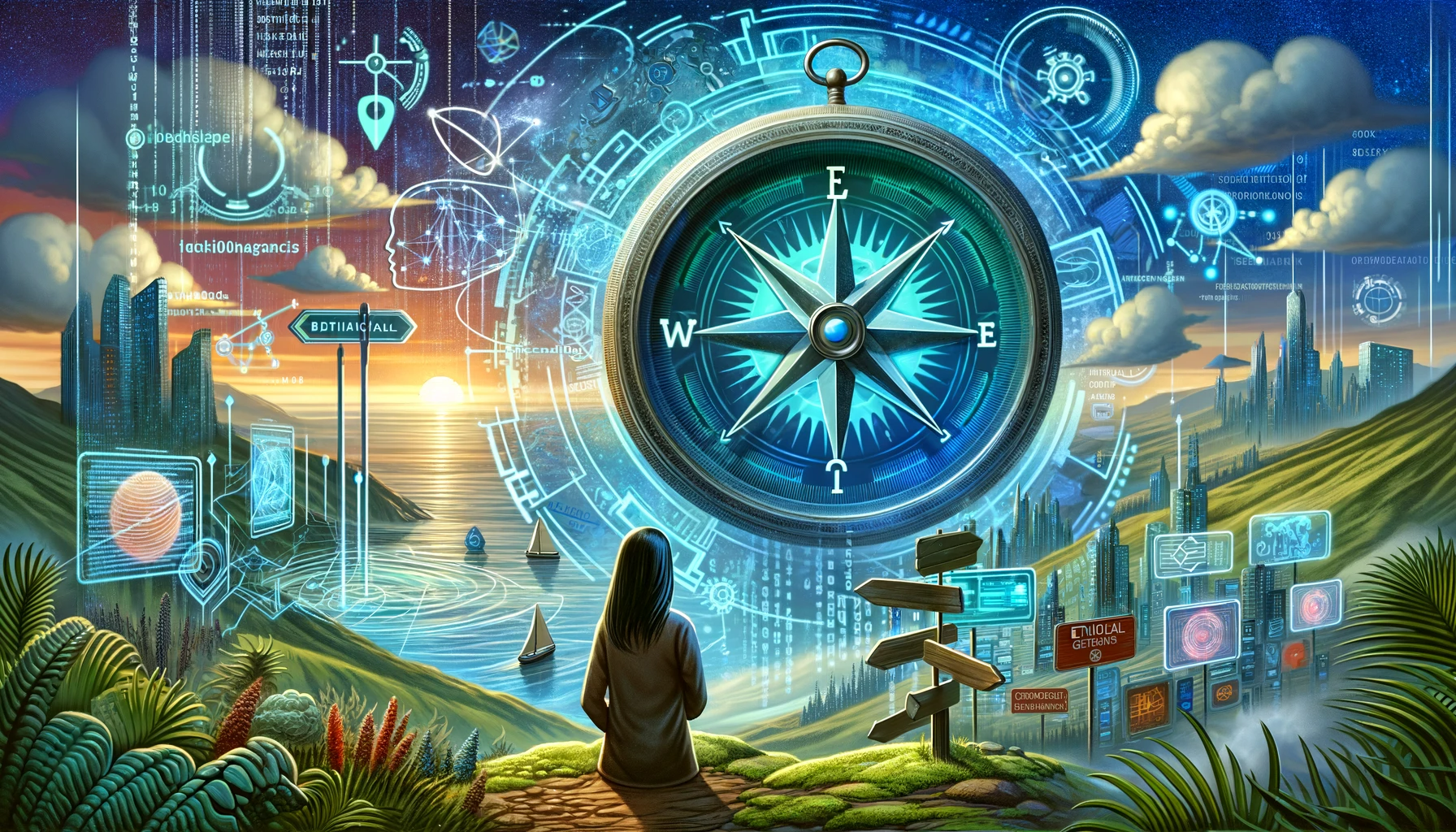DALL·E-2023-12-07-07.39.13-A-thought-provoking-illustration-representing-the-theme-Navigating-the-Ethics-of-AI-in-Marketing.-The-scene-features-a-metaphorical-landscape-with-d