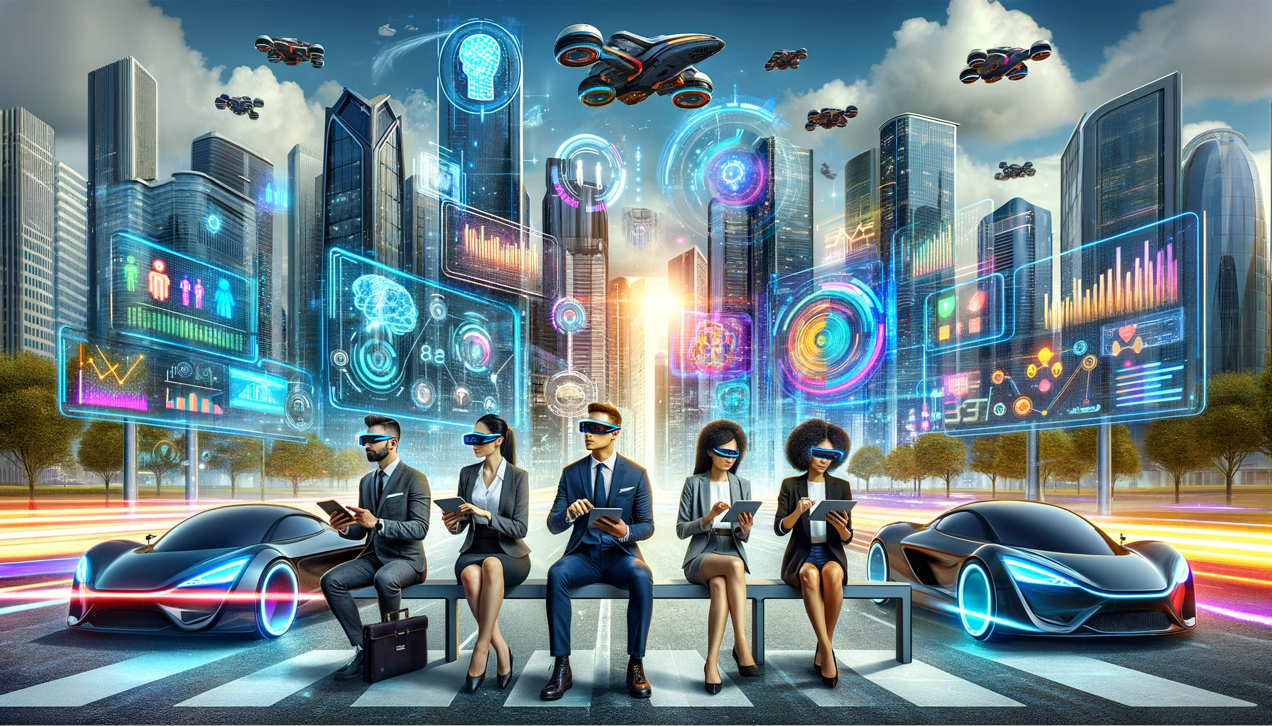 DALL·E-2023-12-07-09.59.20-A-futuristic-cityscape-symbolizing-The-Future-Ahead-with-flying-cars-advanced-buildings-and-digital-billboards-displaying-AI-related-advertisemen