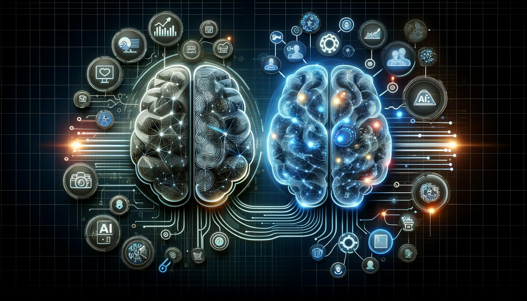 DALL·E-2023-12-07-10.20.05-A-conceptual-illustration-representing-AI-vs.-Machine-Learning_-What-Marketers-Need-to-Know.-The-left-side-of-the-image-shows-a-digital-brain-repres