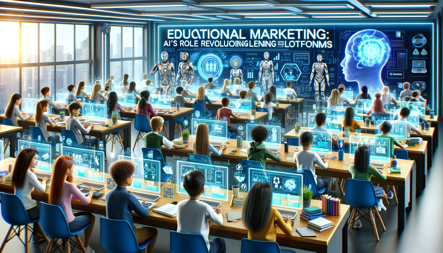 DALL·E-2023-12-07-23.00.10-A-futuristic-classroom-scene-representing-Educational-Marketing_-AIs-Role-in-Revolutionizing-Learning-Platforms.-In-the-foreground-a-diverse-group