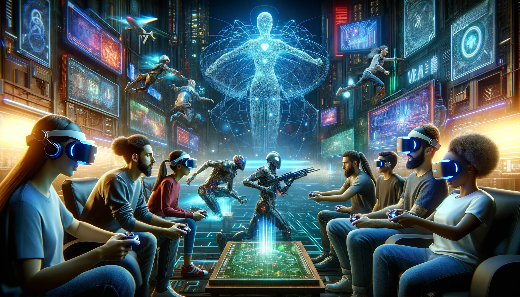 DALL·E-2023-12-07-23.43.55-A-digital-age-themed-gaming-environment-showcasing-advanced-AI-technology-in-gaming.-The-scene-includes-a-futuristic-cityscape-as-the-backdrop-fille