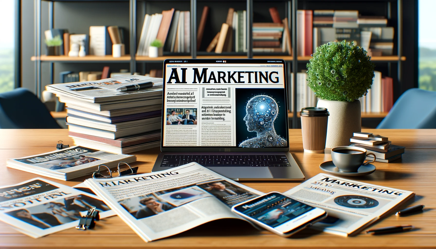 DALL·E-2023-12-07-23.57.18-An-image-depicting-a-collection-of-the-latest-AI-articles-focused-on-marketing.-The-scene-shows-a-modern-office-desk-with-an-open-laptop-displaying-an