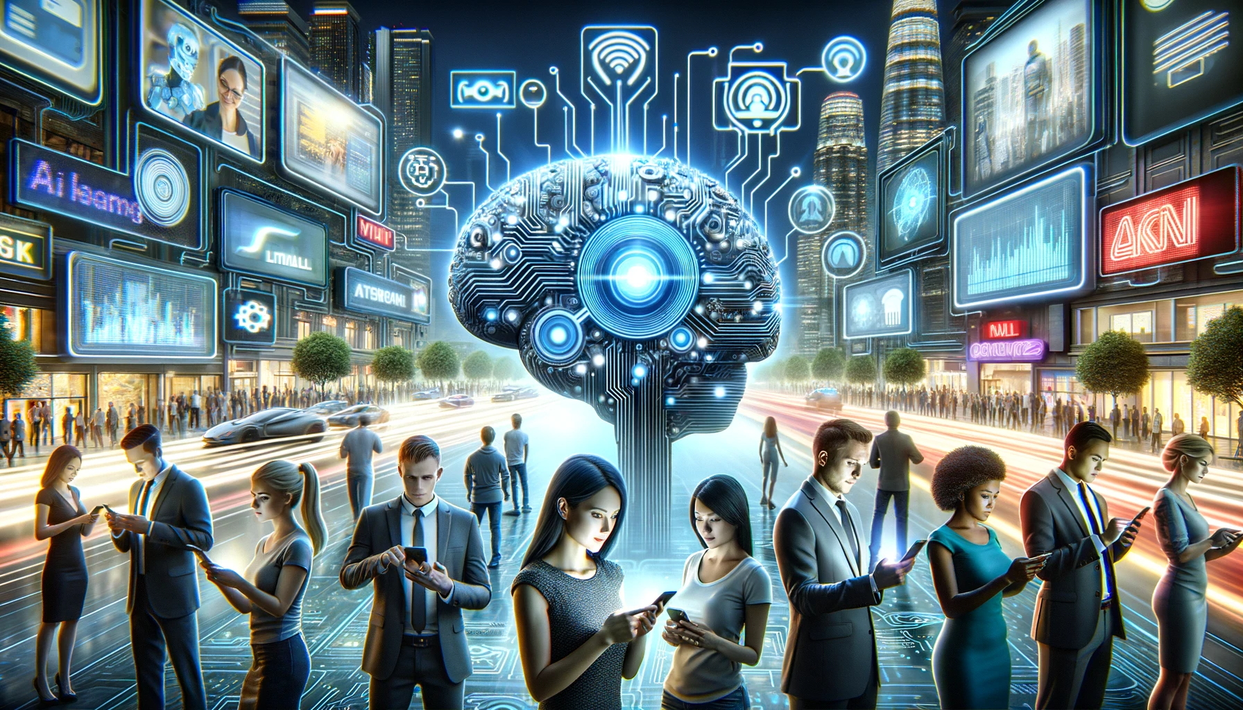 DALL·E-2023-12-08-00.13.26-A-futuristic-digital-art-scene-depicting-AI-and-Machine-Learning-in-personalized-marketing.-On-the-left-a-sleek-modern-AI-brain-with-circuit-pattern-1